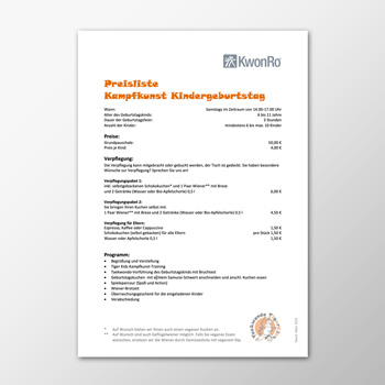Kindergeburtstag - Preisliste - KwonRo