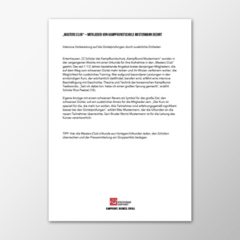 Pressemitteilung - MastersClub Mitglieder von Kampfkunstschule geehrt