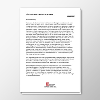 Pressemitteilung - Süßes oder Saures – Sicherheit an Halloween - Marc Sigle