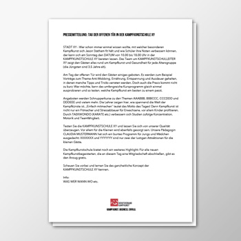 Pressemitteilung - Tag der offenen Tür in der Kampfkunstschule XY